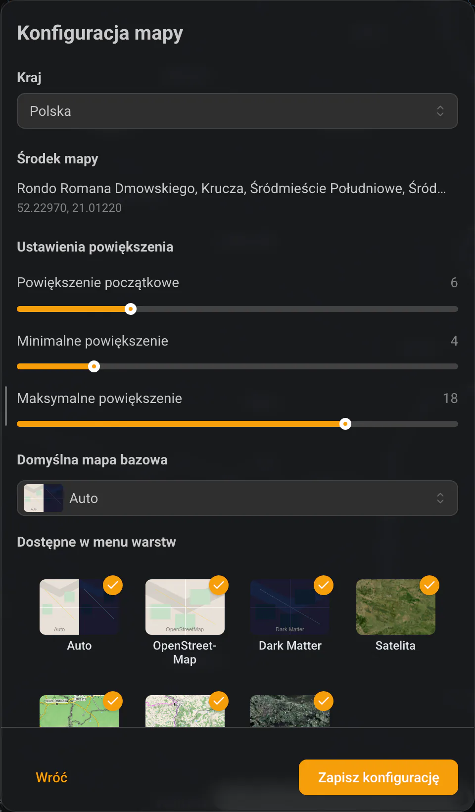 Wybór domyślnej mapy bazowej oraz teł dostępnych w menu warstw