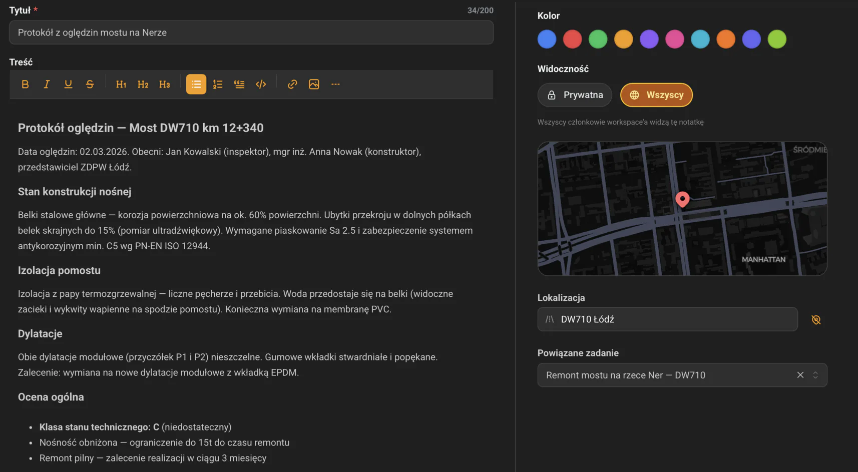 GeoMarkup — note editor with rich text, colour, visibility, location and a linked task